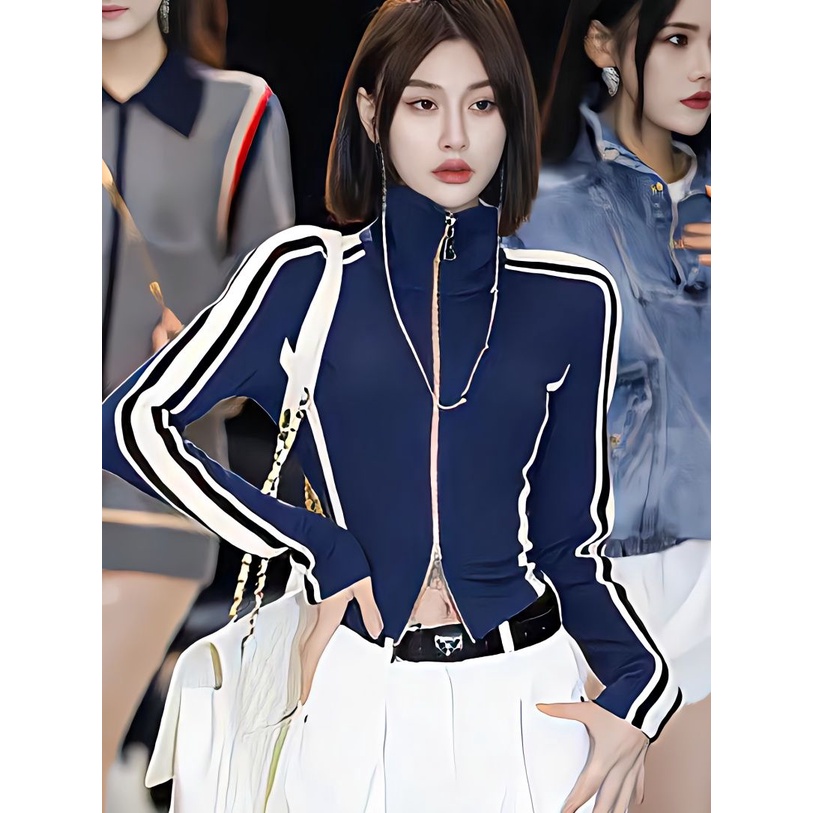 Jiashucheng Áo Khoác Thể Thao Dài Tay Ôm Dáng Phối Khóa Kéo Màu Sắc Thời Trang Mùa Xuân Cho Nữ