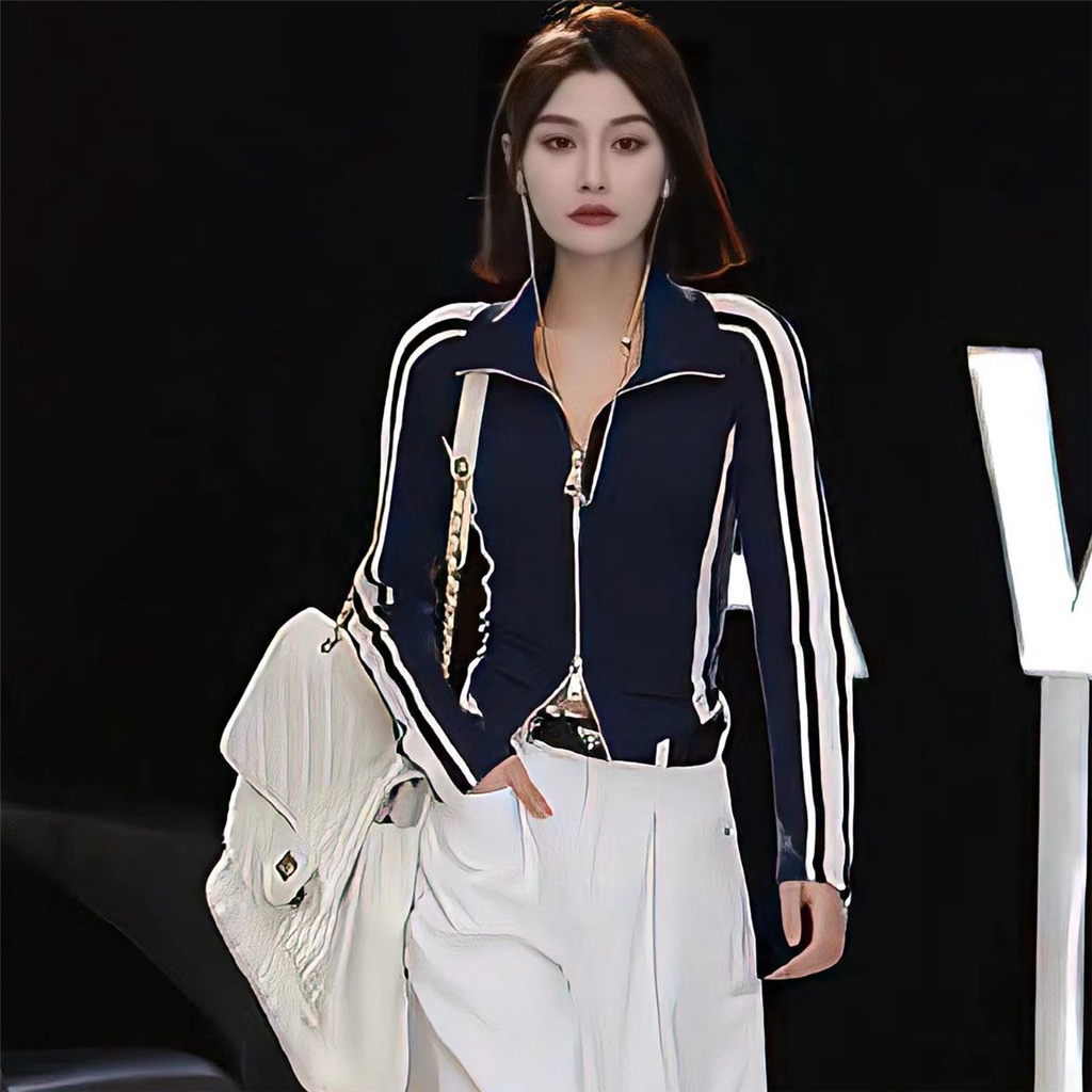 Jiashucheng Áo Khoác Thể Thao Dài Tay Ôm Dáng Phối Khóa Kéo Màu Sắc Thời Trang Mùa Xuân Cho Nữ