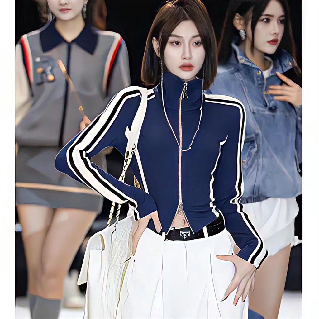 Jiashucheng Áo Khoác Thể Thao Dài Tay Ôm Dáng Phối Khóa Kéo Màu Sắc Thời Trang Mùa Xuân Cho Nữ