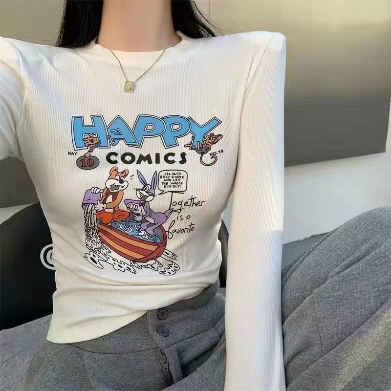 Jiashucheng Áo Thun Tay Dài Dáng Ôm In Họa Tiết Hoạt Hình Phong Cách Phương Tây Thời Trang Mùa Xuân Cho Nữ