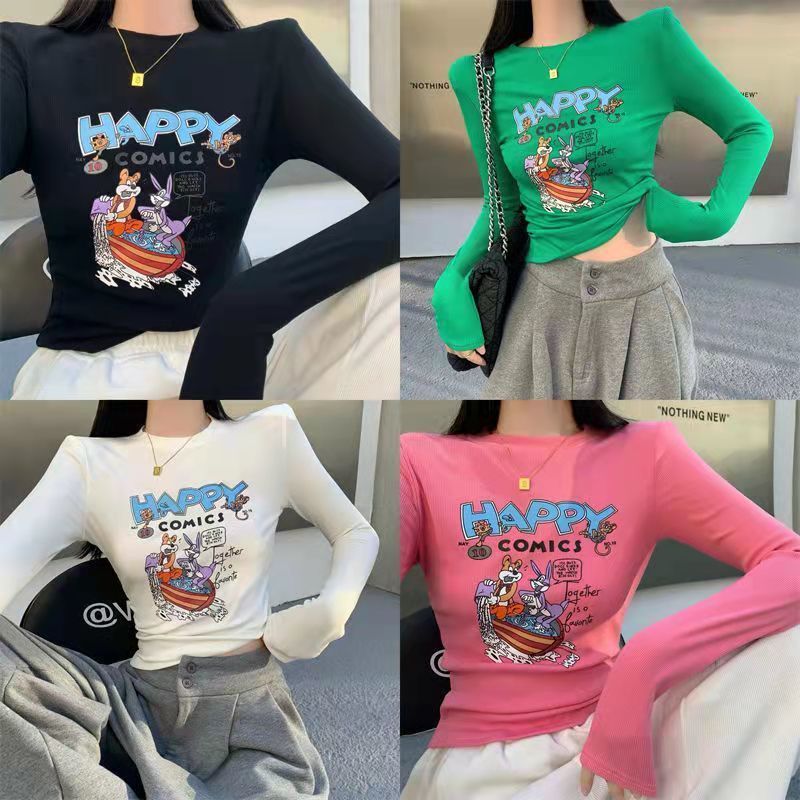Jiashucheng Áo Thun Tay Dài Dáng Ôm In Họa Tiết Hoạt Hình Phong Cách Phương Tây Thời Trang Mùa Xuân Cho Nữ
