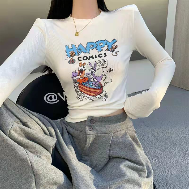 Jiashucheng Áo Thun Tay Dài Dáng Ôm In Họa Tiết Hoạt Hình Phong Cách Phương Tây Thời Trang Mùa Xuân Cho Nữ