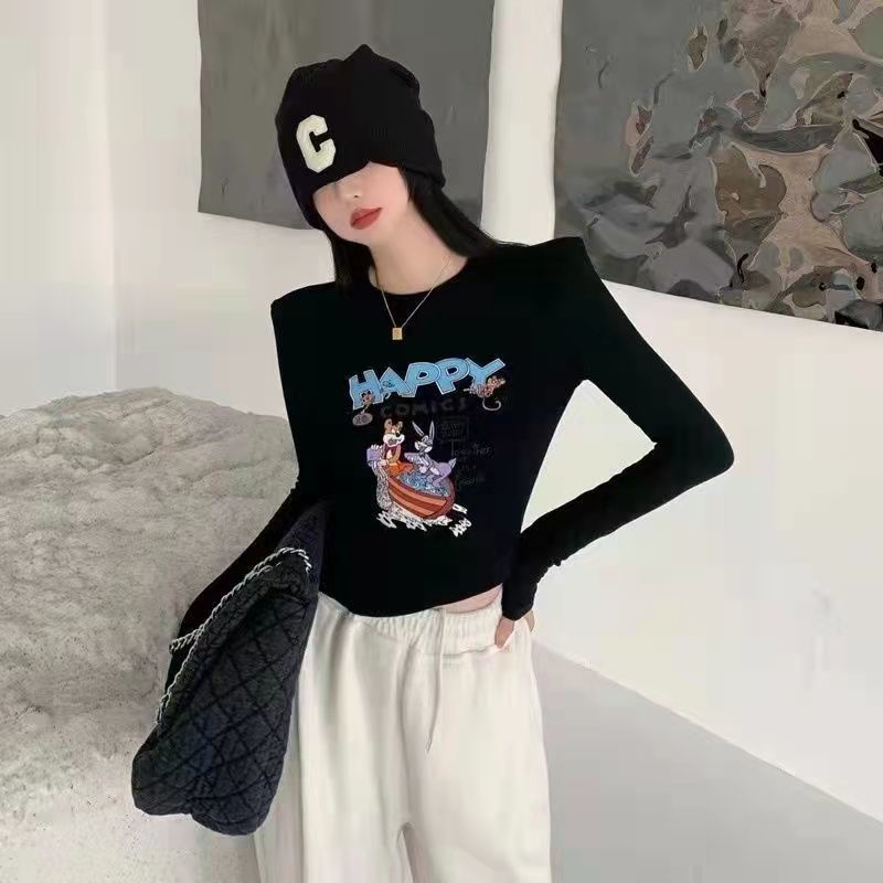 Jiashucheng Áo Thun Tay Dài Dáng Ôm In Họa Tiết Hoạt Hình Phong Cách Phương Tây Thời Trang Mùa Xuân Cho Nữ