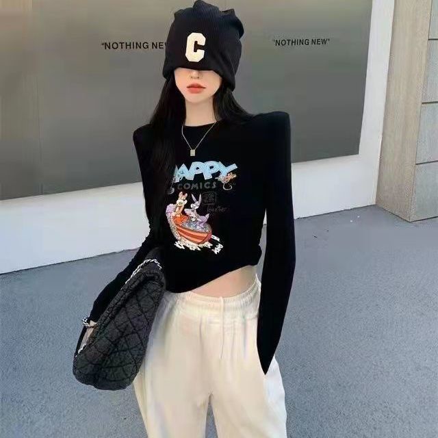 Jiashucheng Áo Thun Tay Dài Dáng Ôm In Họa Tiết Hoạt Hình Phong Cách Phương Tây Thời Trang Mùa Xuân Cho Nữ