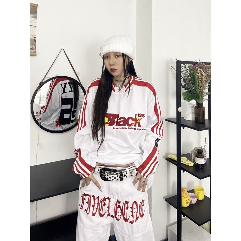 Jiashucheng Áo Thun Thể Thao Tay Dài Chui Đầu Thêu Hình Ngọn Lửa Màu Sắc Thời Trang Đường Phố Mỹ