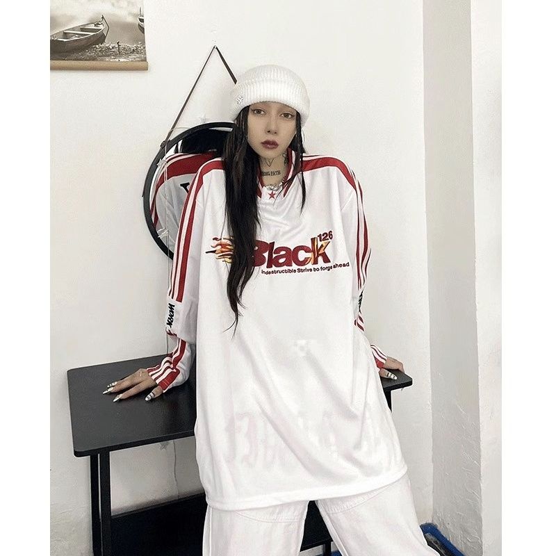 Jiashucheng Áo Thun Thể Thao Tay Dài Chui Đầu Thêu Hình Ngọn Lửa Màu Sắc Thời Trang Đường Phố Mỹ