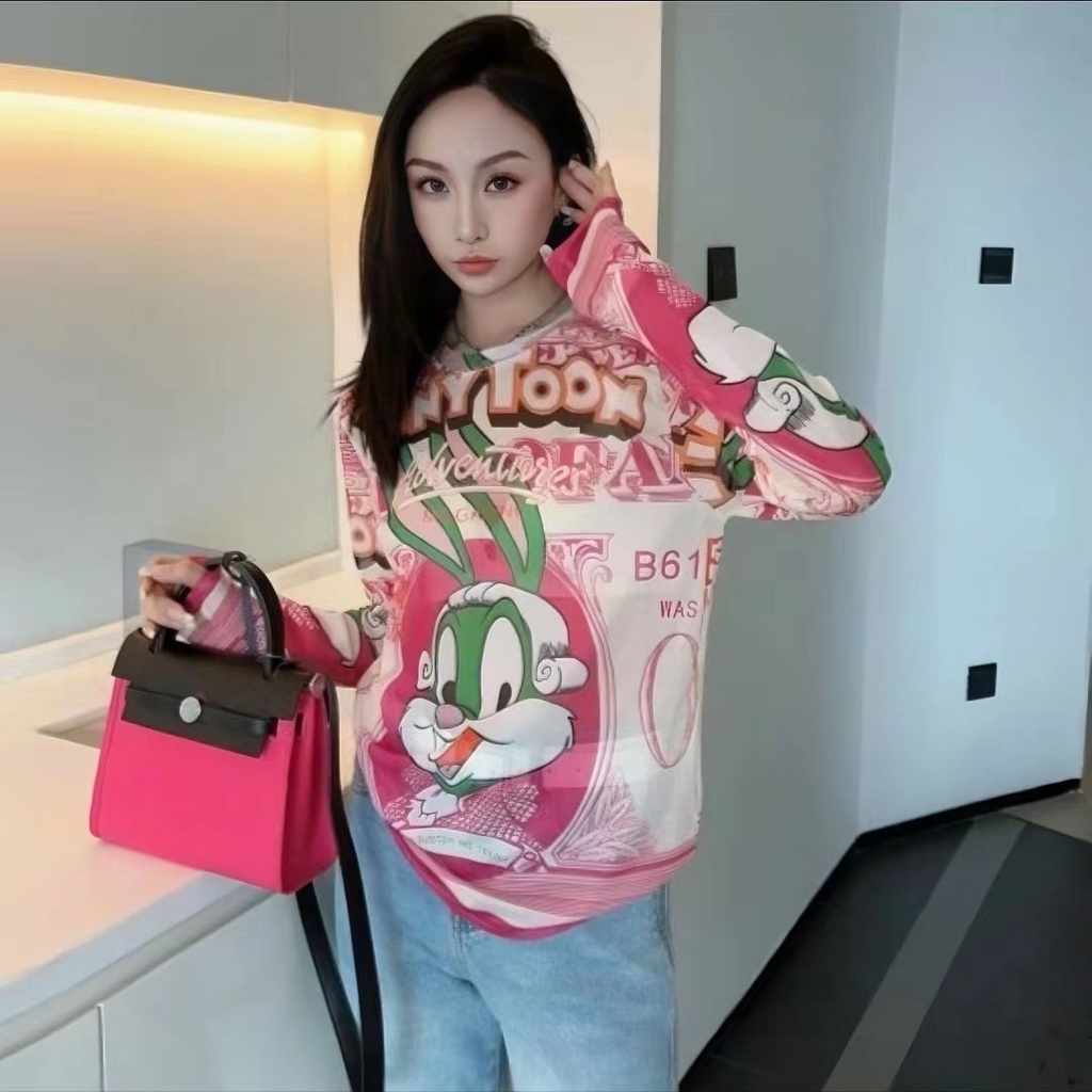 Jiashucheng Áo Thun Nữ Tay Dài Cổ Tròn In Họa Tiết Hoạt Hình Thời Trang