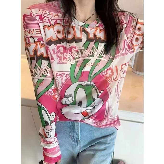 Jiashucheng Áo Thun Nữ Tay Dài Cổ Tròn In Họa Tiết Hoạt Hình Thời Trang