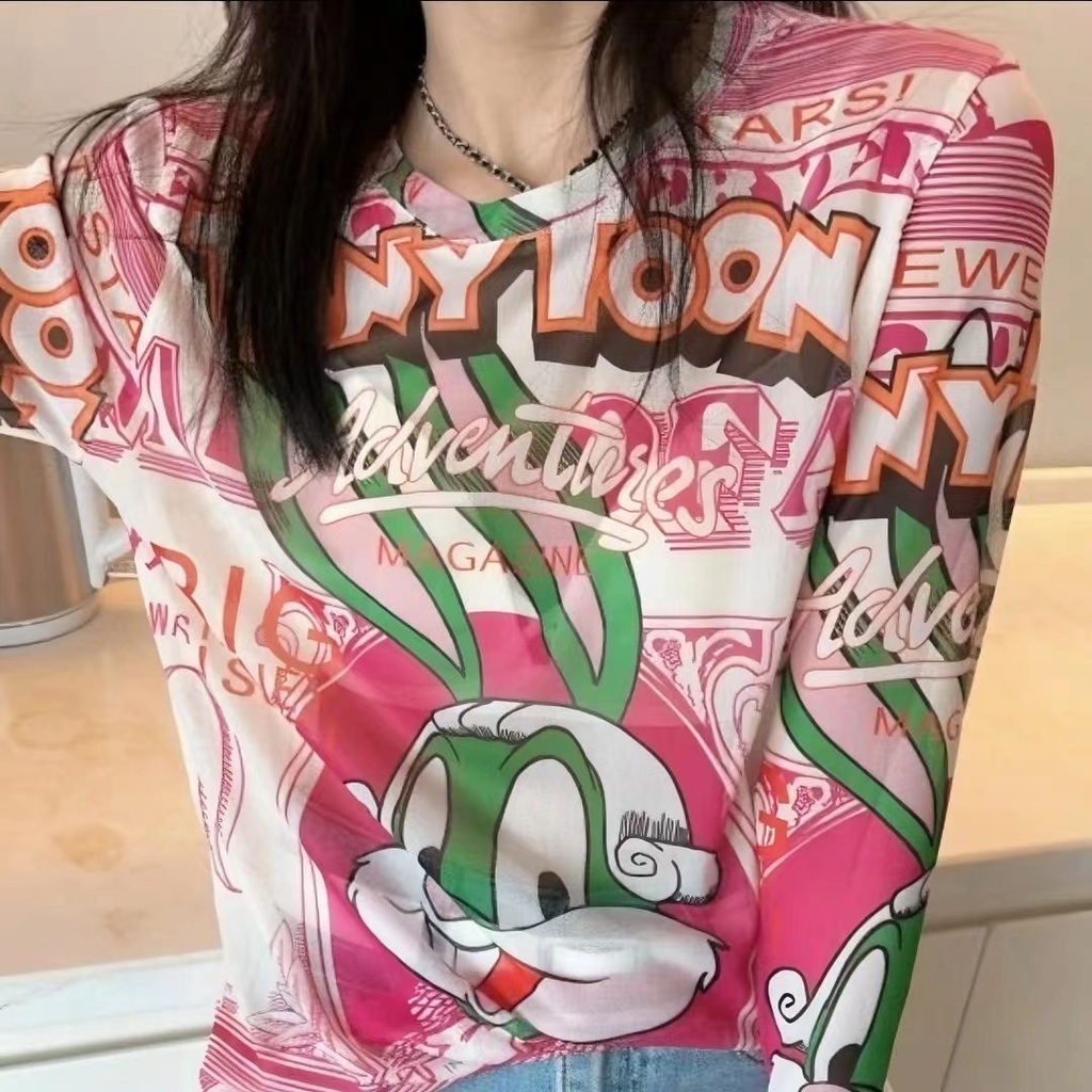 Jiashucheng Áo Thun Nữ Tay Dài Cổ Tròn In Họa Tiết Hoạt Hình Thời Trang