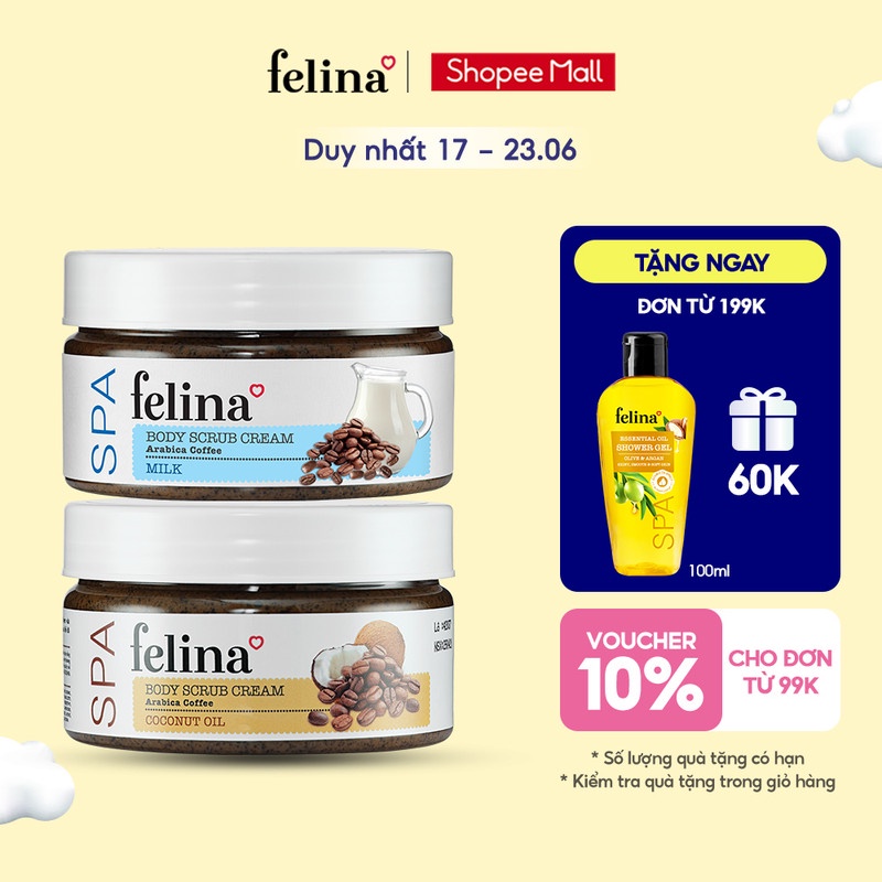 Combo Kem tắm tẩy da chết Felina Home Spa từ hạt cà phê &amp; tinh dầu dừa và 1 kem tắm từ hạt cafe và tinh chất sữa 220/hộp