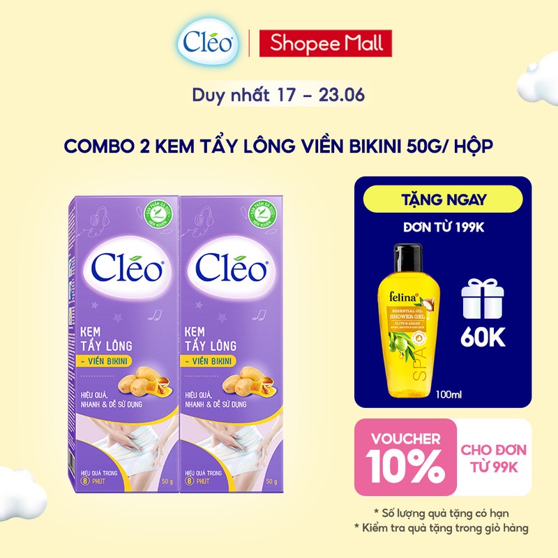 Combo 2 Kem tẩy lông bikini Cléo, an toàn, hiệu quả trong 8 phút, êm dịu với vùng da bikini 50g/tuýp - Có hỗ trợ che tên