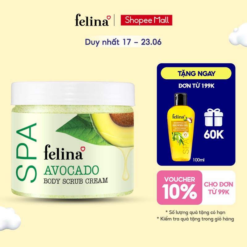 Kem tắm tẩy tế bào chết body Felina Home Spa 400g từ bơ nghiền nguyên trái giúp da sạch sâu, ẩm mịn chỉ sau 1 lần dùng