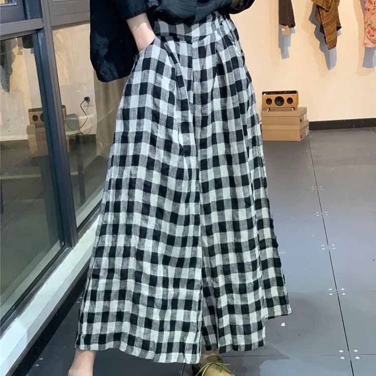 Jiashucheng Quần Cotton Lanh Giả Sọc Caro Dáng Rộng Phong Cách Mới Mùa Xuân Hè Cho Nữ