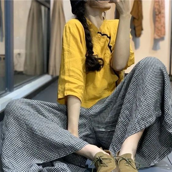 Jiashucheng Quần Cotton Lanh Giả Sọc Caro Dáng Rộng Phong Cách Mới Mùa Xuân Hè Cho Nữ