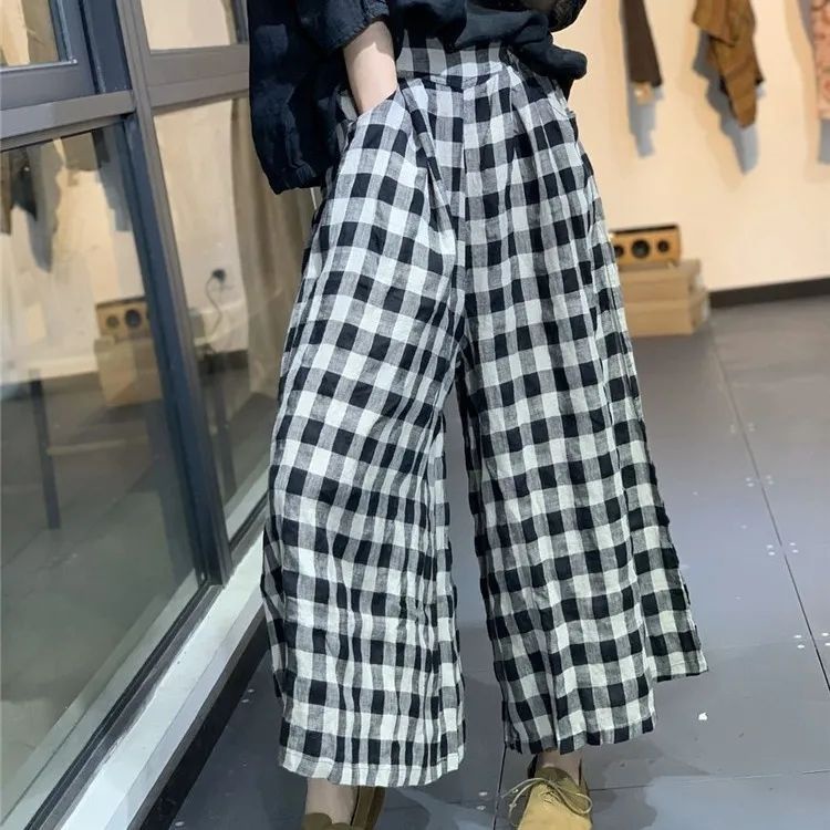 Jiashucheng Quần Cotton Lanh Giả Sọc Caro Dáng Rộng Phong Cách Mới Mùa Xuân Hè Cho Nữ