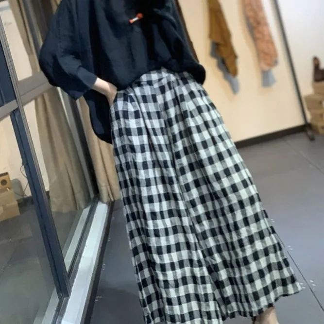 Jiashucheng Quần Cotton Lanh Giả Sọc Caro Dáng Rộng Phong Cách Mới Mùa Xuân Hè Cho Nữ