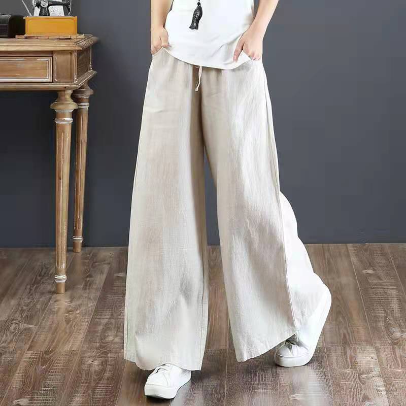 Jiashucheng Quần Dài Vải Lanh Cotton Ống Rộng Lưng Cao Cỡ Lớn Thời Trang Xuân Hè Cho Nữ