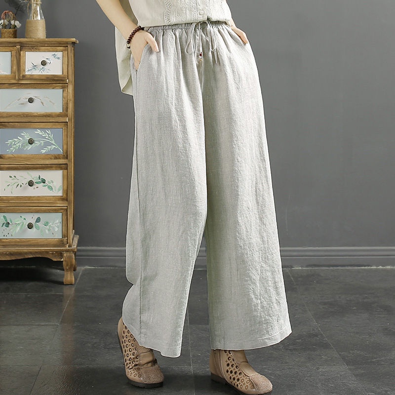 Jiashucheng Quần Dài Ống Rộng Vải Lanh Cotton Màu Sắc Đơn Giản Thời Trang Mùa Hè Cho Nữ