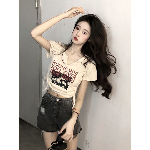 Áo Thun Lửng Ngắn Tay Cổ V Dây Rút In Chữ Thời Trang Nữ