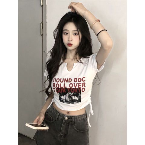 Áo Thun Lửng Ngắn Tay Cổ V Dây Rút In Chữ Thời Trang Nữ