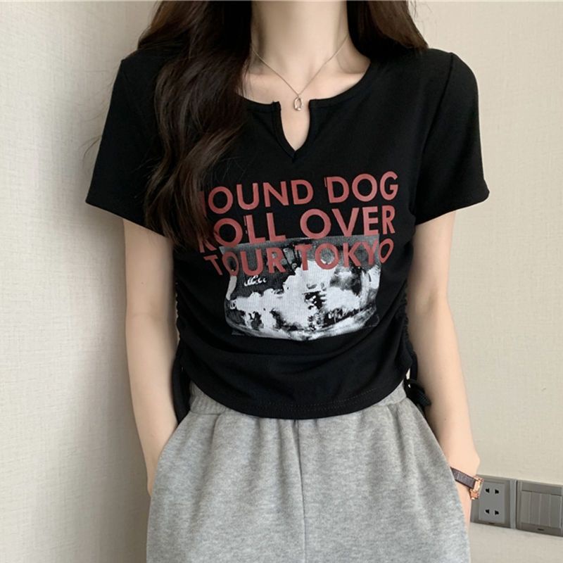 Áo Thun Lửng Ngắn Tay Cổ V Dây Rút In Chữ Thời Trang Nữ