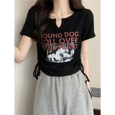 Áo Thun Lửng Ngắn Tay Cổ V Dây Rút In Chữ Thời Trang Nữ