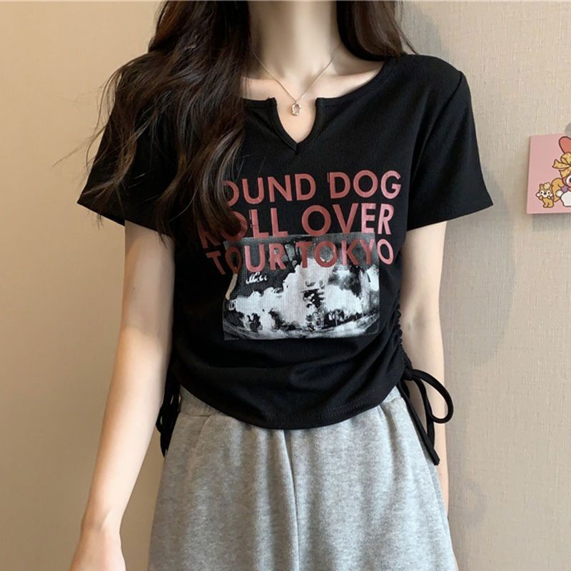 Áo Thun Lửng Ngắn Tay Cổ V Dây Rút In Chữ Thời Trang Nữ