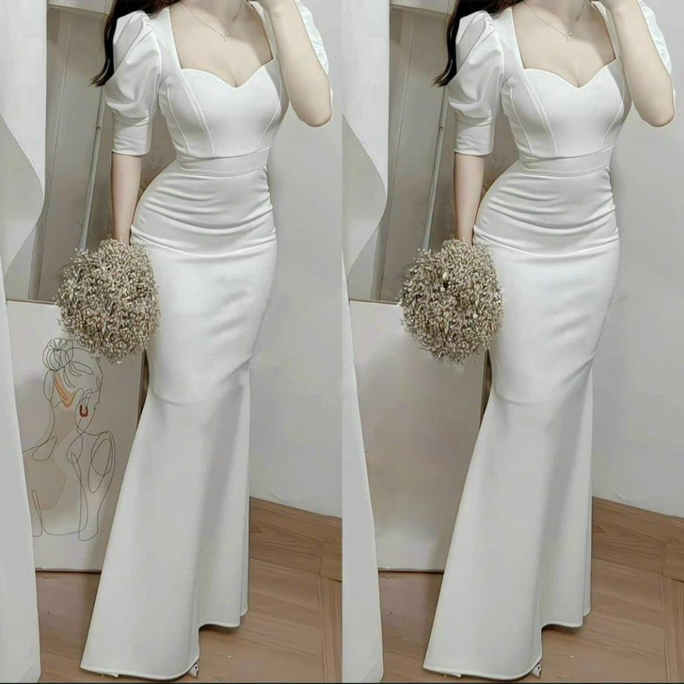 Váy trắng dự tiệc cưới đầm đuôi cá đầm dáng dài chụp hình đi tiệc cưới Miyuclothing