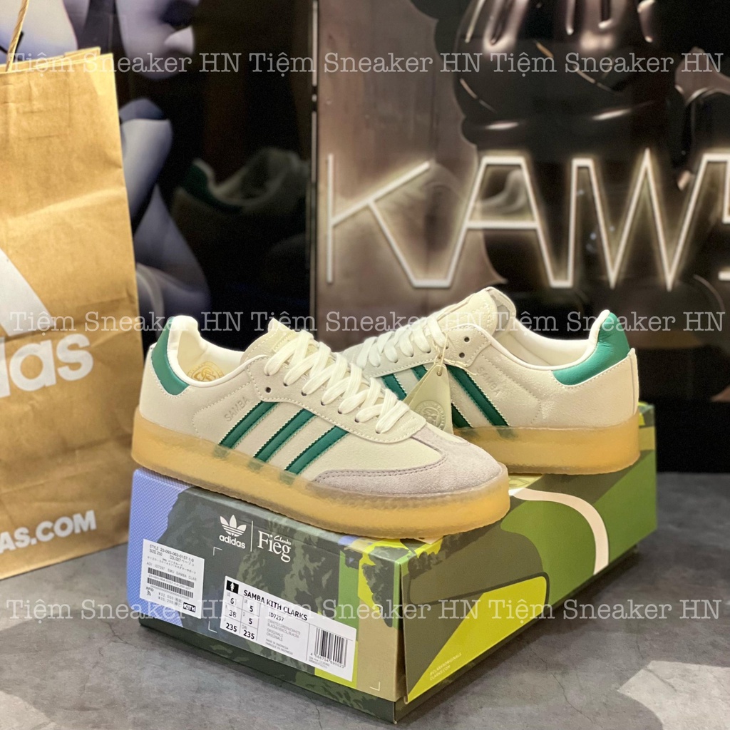 Giày Thể Thao Adidas Clarks 8th Street Samba by Ronnie Fieg “Chalk White/Green” Samba Da Lộn Sọc Xanh Đế Trong
