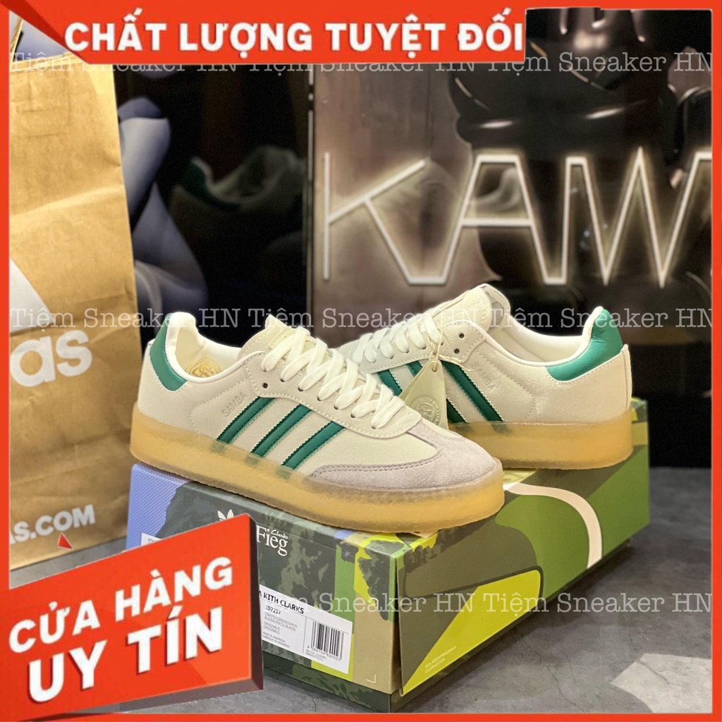 Giày Thể Thao Adidas Clarks 8th Street Samba by Ronnie Fieg “Chalk White/Green” (ID7297) Samba Da Lộn Sọc Xanh Đế Trong