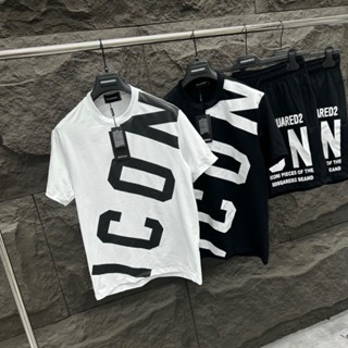 . Bộ Đồ Nam Cộc Tay Mặc Hè Dsq2 In Chữ ICON Chéo Áo Ngang Quần Đen Trắng Vải Cotton Phong Cách Boy Phố Hot 2023 .