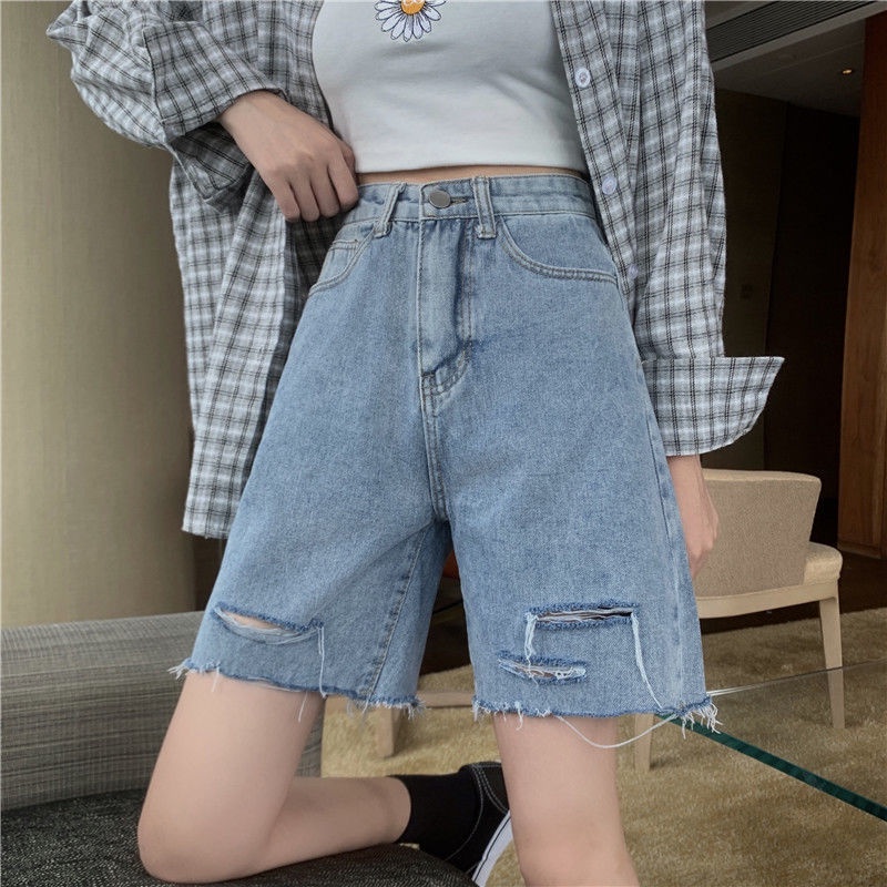 Jiashucheng Quần Short Denim Lưng Cao Ống Rộng Phối Rách Thời Trang Mùa Hè Cho Nữ