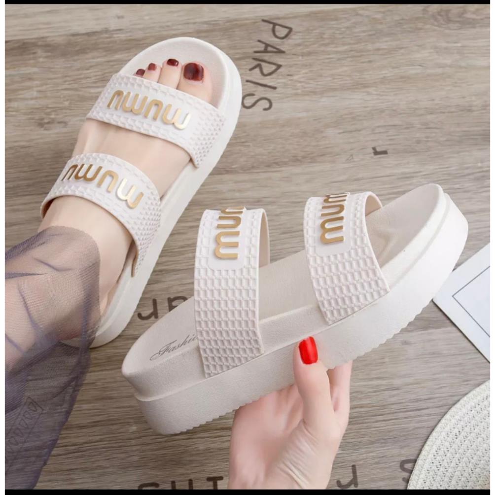 Dép Bánh Mỳ Nữ 2 Quai MuMu Đế Độn Vân Nổi