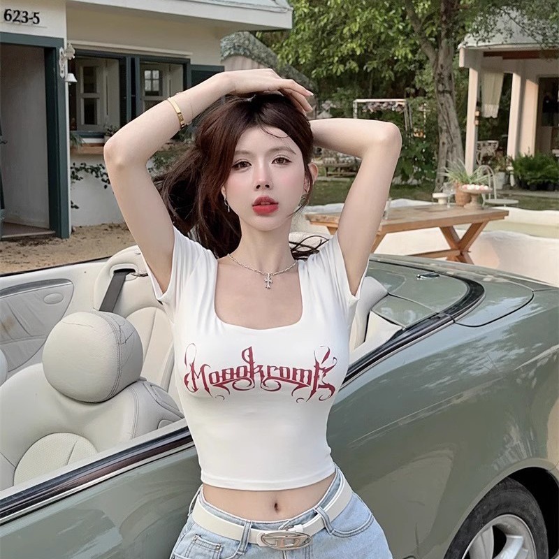 Jiashucheng Áo Thun Tay Ngắn Cổ Vuông In Chữ Thời Trang Mùa Hè Cho Nữ