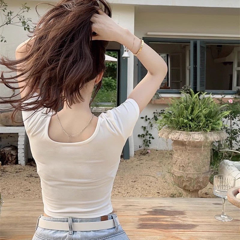 Jiashucheng Áo Thun Tay Ngắn Cổ Vuông In Chữ Thời Trang Mùa Hè Cho Nữ