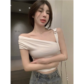 Jiashucheng Áo Thun Nữ Ngắn Tay Lệch Vai Màu Sắc Thời Trang