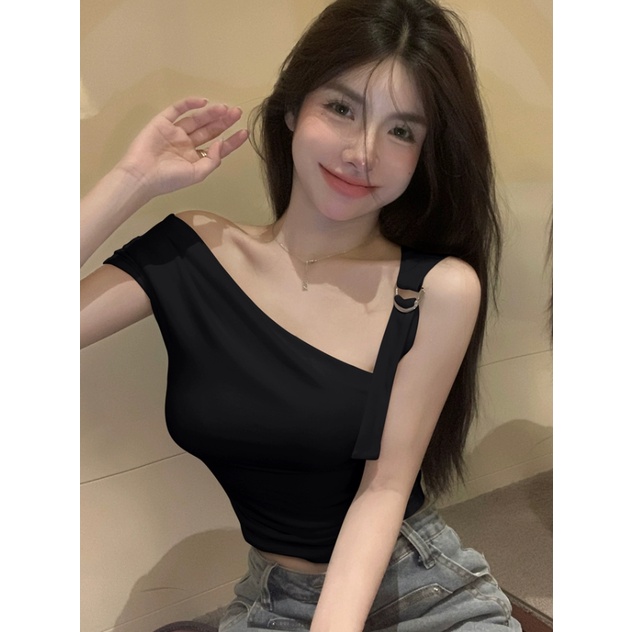 Jiashucheng Áo Thun Nữ Ngắn Tay Lệch Vai Màu Sắc Thời Trang