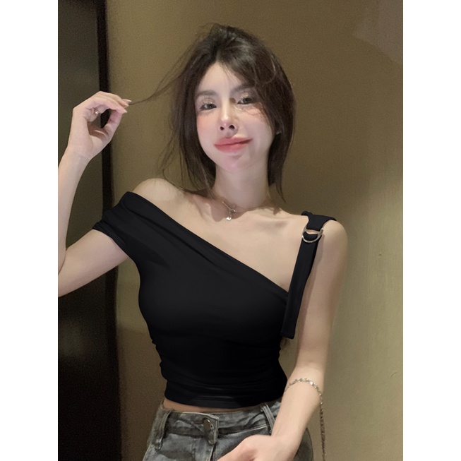 Jiashucheng Áo Thun Nữ Ngắn Tay Lệch Vai Màu Sắc Thời Trang