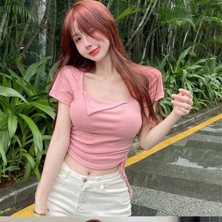 Jiashucheng Áo Thun Ngắn Tay Cổ Vuông Phối Dây Rút Thời Trang Mùa Hè Cho Nữ