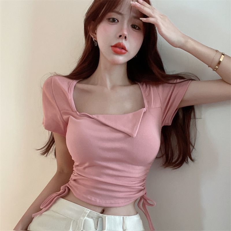 Jiashucheng Áo Thun Ngắn Tay Cổ Vuông Phối Dây Rút Thời Trang Mùa Hè Cho Nữ