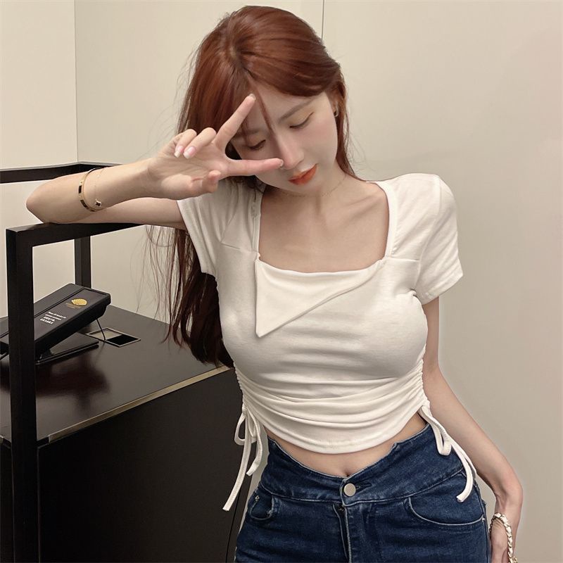 Jiashucheng Áo Thun Ngắn Tay Cổ Vuông Phối Dây Rút Thời Trang Mùa Hè Cho Nữ