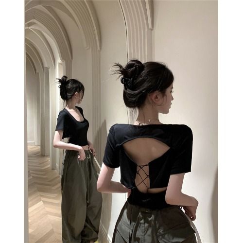 Jiashucheng Áo Thun Ngắn Tay Cổ Vuông Dáng Ôm Thời Trang Mùa Hè Quyến Rũ Cho Nữ