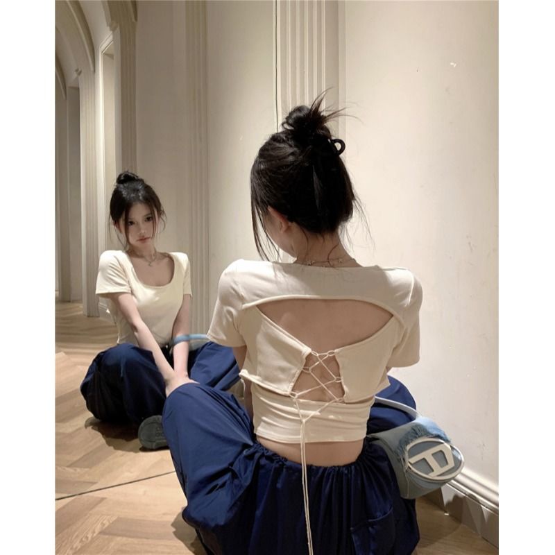 Jiashucheng Áo Thun Ngắn Tay Cổ Vuông Dáng Ôm Thời Trang Mùa Hè Quyến Rũ Cho Nữ