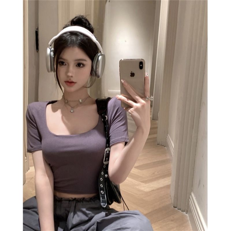 Jiashucheng Áo Thun Ngắn Tay Cổ Vuông Dáng Ôm Thời Trang Mùa Hè Quyến Rũ Cho Nữ