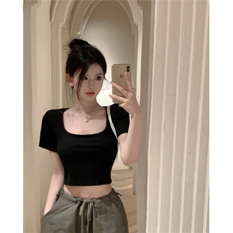 Jiashucheng Áo Thun Ngắn Tay Cổ Vuông Dáng Ôm Thời Trang Mùa Hè Quyến Rũ Cho Nữ