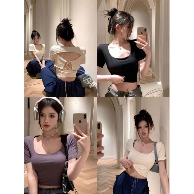 Jiashucheng Áo Thun Ngắn Tay Cổ Vuông Dáng Ôm Thời Trang Mùa Hè Quyến Rũ Cho Nữ