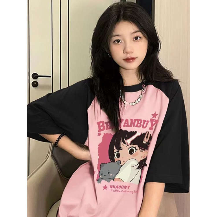 Jiashucheng Áo Thun Nữ Ngắn Tay Dáng Rộng Phối Màu Sắc Tương Phản Phong Cách Hàn Quốc