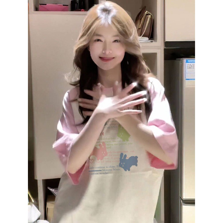 Jiashucheng Áo Thun Raglan Cotton Tinh Khiết Tay Lửng Thiết Kế Sáng Tạo Phong Cách Ngọt Ngào Thời Trang Mùa Hè Màu Sắc Tương Phản Dành