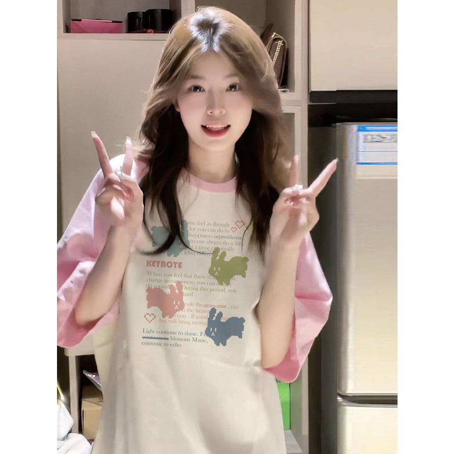 Jiashucheng Áo Thun Raglan Cotton Tinh Khiết Tay Lửng Thiết Kế Sáng Tạo Phong Cách Ngọt Ngào Thời Trang Mùa Hè Màu Sắc Tương Phản Dành