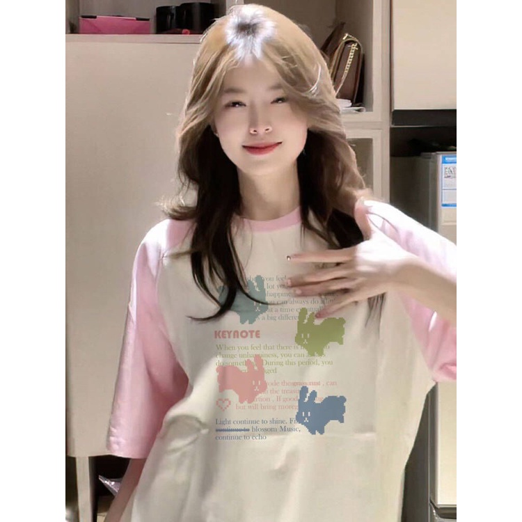 Jiashucheng Áo Thun Raglan Cotton Tinh Khiết Tay Lửng Thiết Kế Sáng Tạo Phong Cách Ngọt Ngào Thời Trang Mùa Hè Màu Sắc Tương Phản Dành